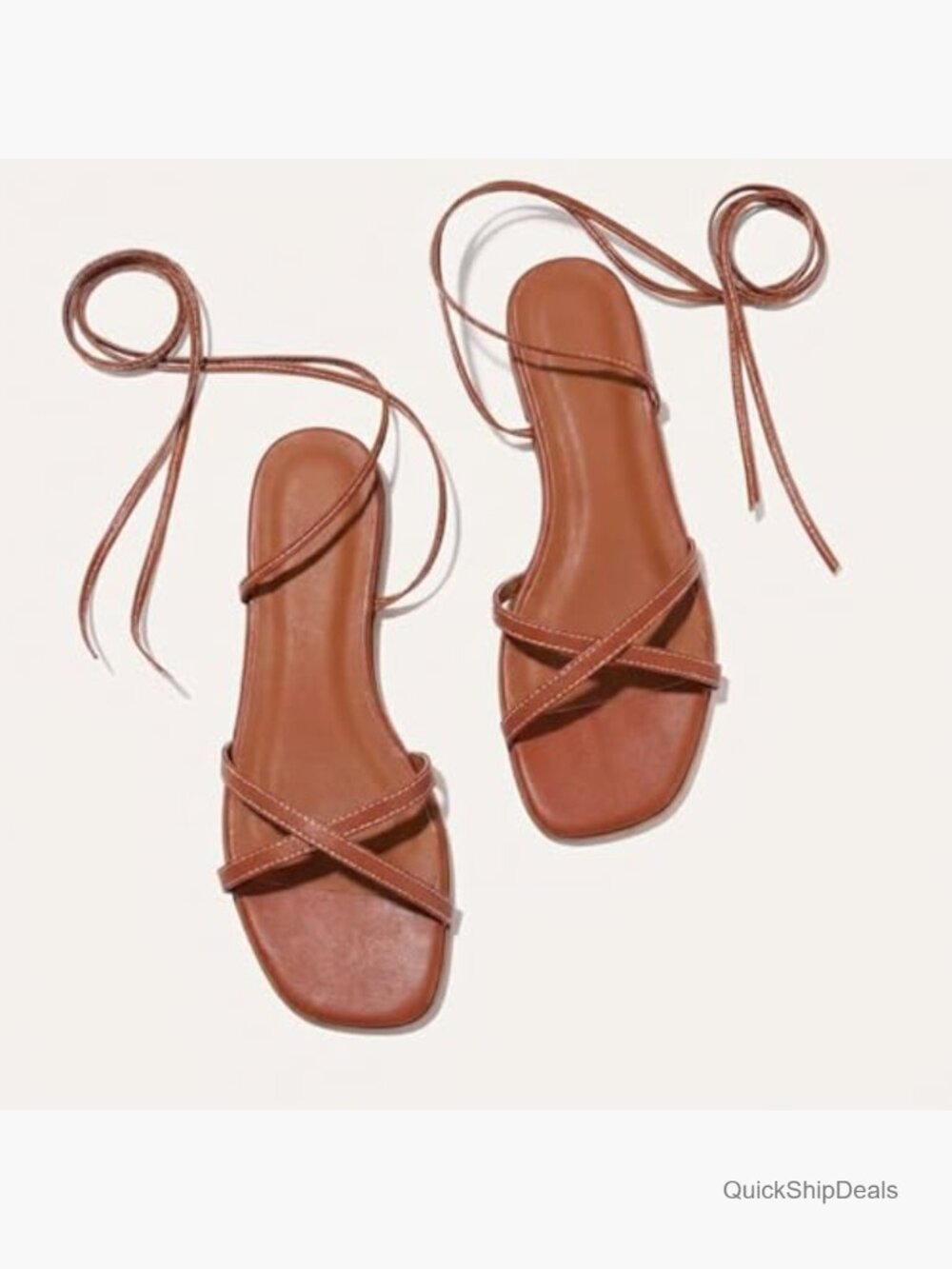 Leather Strappy Flat Sandals Square Toe Lace Up Slides - Picture 6 of 7